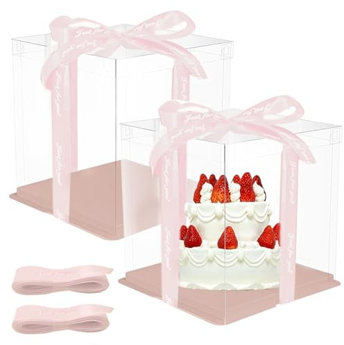 2 scatole trasparenti per torte, 30 x 30 x 25 cm, per il trasporto di torte, scatola regalo trasparente con base e nastro per compleanno, dessert (rosa, 10 pollici)
