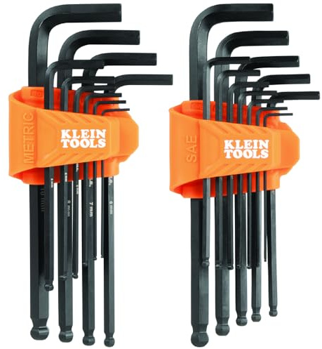 KLEIN TOOLS BLS22 22-Piece Long Ball-End Hex Key Wrench Set, SAE and Metric, Heat-Treated, L-Style, 1/16-Inch to 3/8-Inch and 1.5mm to 10mm