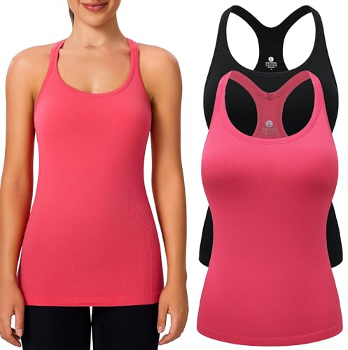 Evercute 1/2/3er-Pack Workout-Tanktops für Frauen mit integriertem BH, Racerback, Yoga, ärmelloses Top, Camisole Athletic Gym Tops, Schwarz, Rouge-Rot, 2er-Pack, Klein