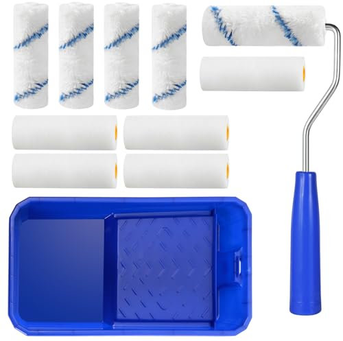 12 Pcs Paint Roller Set, 3.9 Foam and Pile Heads Mini Paint Roller with Paint Tray, Roller Frame, Small Paint Rollers and Trays Sets for Painting Walls, Furniture, Artistic Creation, Ceiling