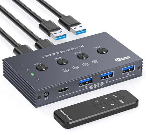 TJCXELE 10Gbps USB Switch 4 PC share 4 USB 3.2 Port USB 3.2 Switcher Selector 4 In 4 Out Videoübertragung und PD Charging nicht unterstützt, mit Fernbedienung und 4xUSB A-A Kabeln