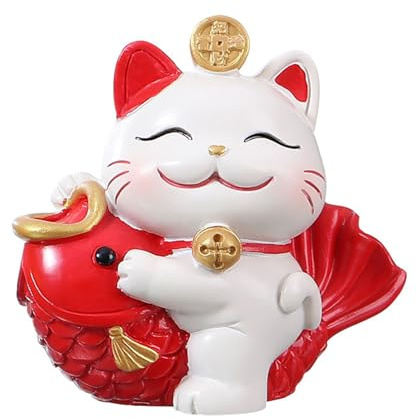 Mini Japanese Maneki Neko Lucky Cat Figurine - Maneki Neko Lucky Cat Figures with Fish, Caishen Cat, Cute Wealth Cat Figures Lucky Decor Ornaments for Home Decoration