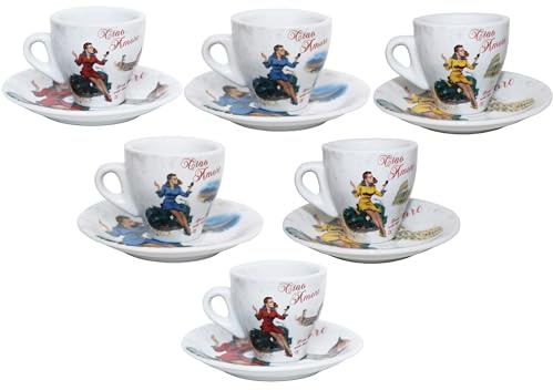 Lorren Home Porcelain Espresso Cups and Saucers, Vespa Scene Design, 3 Oz, Set of 6