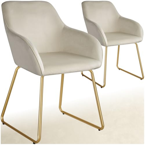 tectake® Esszimmerstühle Samtstoff, Stühle 2er Set, Armlehnstuhl Esszimmer, Sessel Wohnzimmer, Schminktisch Stuhl, Küchenstuhl, Sessel Schlafzimmer, Lounge Möbel - Creme/Gold, 2er Set