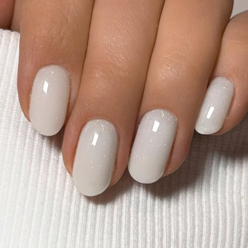 24 Piezas Uñas Postizas Cortas Francesas, Almendra Uñas Falsas, Gel Press on Nails Blanco Lechoso, Acrílico Cobertura Completa Uñas Artificiales con Pegamento Gelatina para Mujeres Niñas