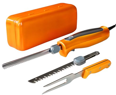 Electric Knife, Electric Carving Knife Set with Two Serrated Stainless Steel Blades, Carving Fork, with Non Slip Handle, Safety Lock and Storage Case for Meat, Bread Fish,Other and Foods.