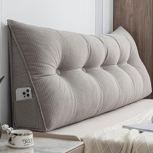 Rückenkissen Bett 80 cm Grau, Cozy Lesekissen für Bett und Sofa, Groß Keilkissen mit Abnehmbarem und Waschbarem Bezug, Praktischem Seitenfach, Rückenpolster für die Wand, Sitzkissen, Wandkissen