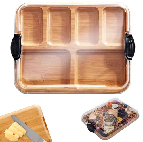 Tagliere Per Salumi Con Coperchio, Tagliere In Legno Di Grande Capacità, Vassoio Per Frutta, Vassoio Per Salumi Riutilizzabile Con 6 Scomparti Per Feste E Picnic (Colore del legno)