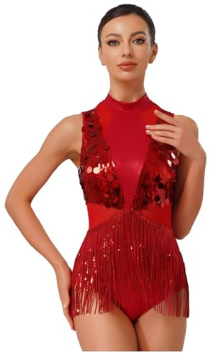 TTAO Damen Pailletten Tanz-Body mit Fransen Glitzer Latein Tanzkleider Ärmellos Modern Dance Standard Turnanzug Dancewear Rot M