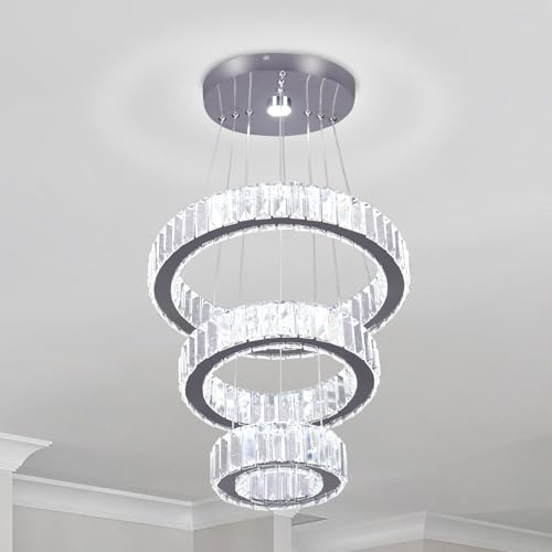 YPQXYHDA Adjustable 3 Ring Crystal Ring Pendant Chandelier Cool White | adjustable hanging cable chandelier Stainless Steel LED Ceiling Light Round Pendant Lamp for Bedroom Living Room Kitchen