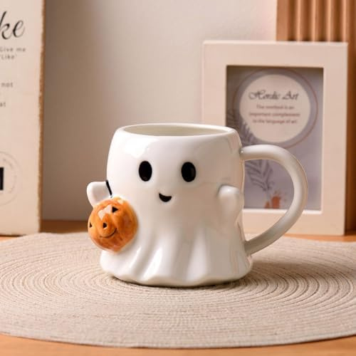 Halloween Geister-Keramiktasse mit Kürbis-Dekoration, Geister Keramik Kaffeetasse, 440ml Thema Party Gastgeschenk Lustige Tassen, Halloween Kaffeetasse für Milch, Kaffee, Saft (Weiß)