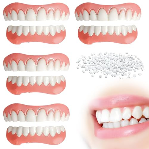 GXGM 4 paires de fausses dents auto-appliquées,dentier provisoire, fausses dents pour dents abîmées, dents imparfaites, avec gel de dentition