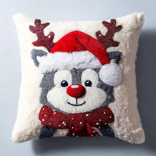WallustrioaW Weihnachten Knüpfkissen-Set,Cartoon-Elch,für Kinder oder Anfänger Erwachsene zum Selber Knüpfen,DIY Knüpfteppich Knüpfpackung,Knüpfhaken Set,43x43cm