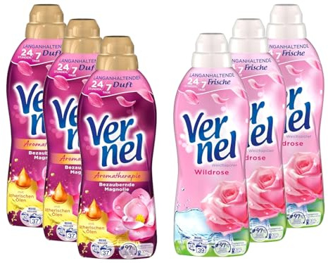 Vernel 6x Bundle – 3x Bezaubernde Magnolie & 3x Wildrose (37/39 Waschladungen) – Weichspüler Set mit Duft-Technologie & Aromatherapie