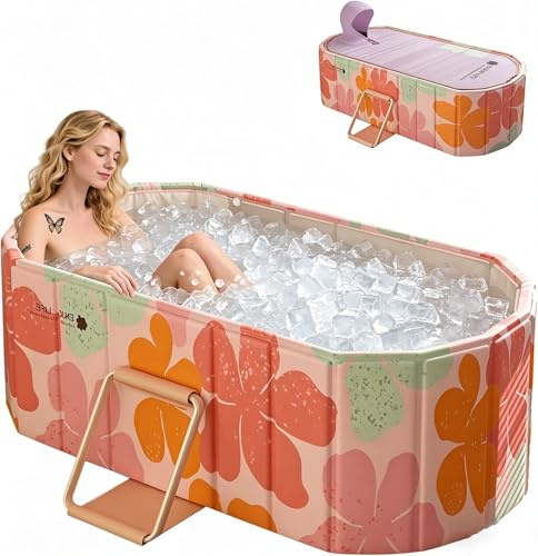 Gelory Faltbare Badewanne Erwachsene Mit Deckel 150x56x50cm Pink | 2in1 Eisbad & Warmwasser,Tragbar Mobile Badewanne Ideal für Heim-SPA, Outdoor & Indoor, Montagefrei