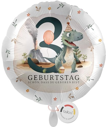 balloa Folienballon zum 3 Geburtstag, Geschenkidee Kinderparty Dino Motiv mit Vulkan, Helium geeignet Luftballon rund, Deko Highlight für Jungen oder Mädchen, originelle Geburtstagsdekoration, 33cm
