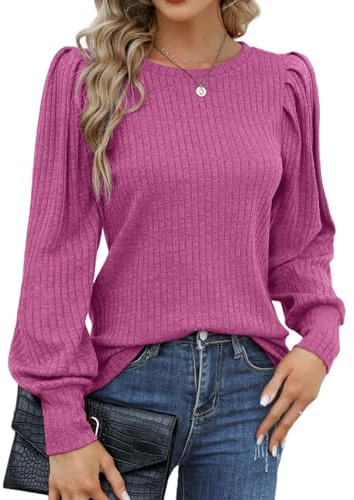 Hotouch Jersey de Mujer Tops con Mangas Abullonadas Ligera Elegante Casual | Jersey Cuello Redondo Manga Larga,Blusa Otoño Invierno