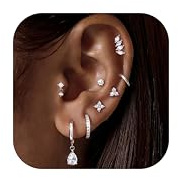 Chriscoco 8 par 14K guldpläterade ringörhängen för kvinnor, kirurgisk stål, platt baksida, allergivänliga silver ringörhängen, brosk, stud, örhängen, set för flera piercingar, tragus, helix, piercing
