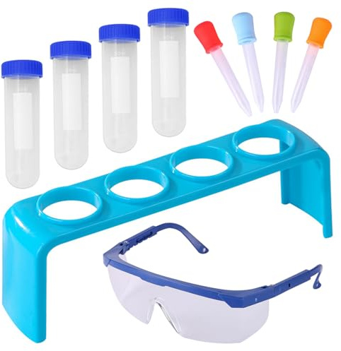 Jorzer Kit de Tubos de ensayo para niños, 4 Unidades, 50 ml, Tubos de ensayo educativos científicos de PP, 10 Unidades/Juego para niños, Juguetes científicos para con Gafas de Seguridad, Soporte para