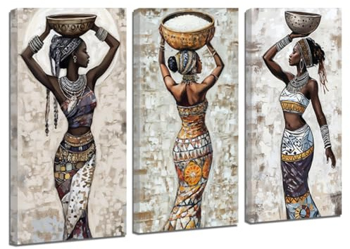 ZQQART Traditionelle afrikanische Leinwandbilder mit schwarzen Frauen 3 teilig ethnische Gemälde alter Mädchen Stammeskunst für Schlafzimmer und Wohnzimmer (20x40cmx3)