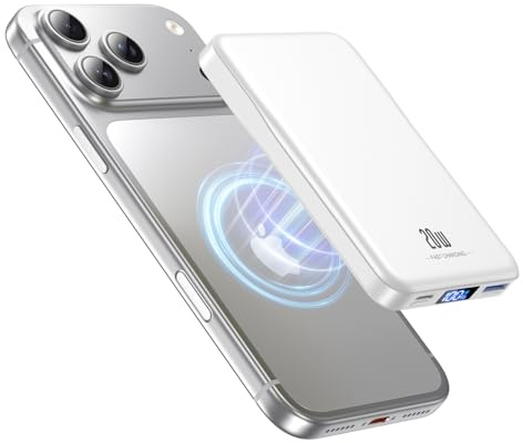 Powerbank für MagSafe, 10000mAh Magnetische Power Bank ohne Kabel, 20W PD Schnellladegerät, Kabelloses Magnetladegerät mit USB-C EIN-/Ausgang, LED-Anzeige für iPhone 17/16/15/14/13 Pro/Pro Max, Weiß