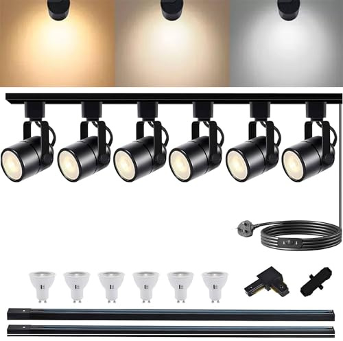 GU10 LED Track Lighting Heads Kit, 3CCT 10W J&L Type Track Lights 3000K/4000K/6000K Adjustable with 2M Track Rail, 6PCS Ceiling Spotlight Fixtures Replaceable GU10 Bulbs