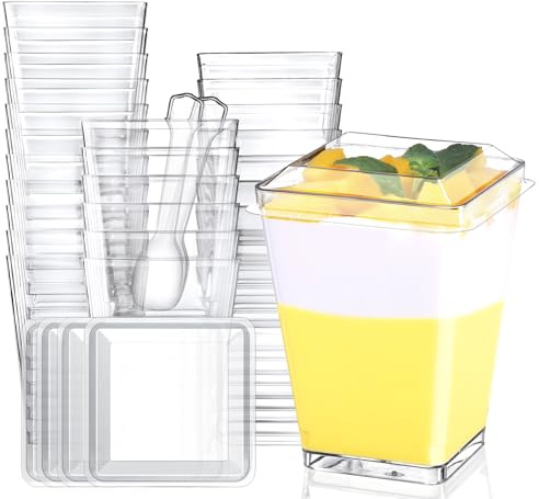 Eupako 60 Stück 160 ml Kunststoff Dessertbecher mit Löffel mit Deckeln | Klare glatt, leicht zu reinigen, Wiederverwendbar, Quadratischer dessertbecher, Vielseitig in Mehreren Szenarien
