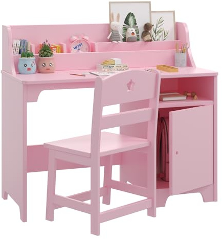 Thaookte Kinderschreibtisch Set, Schreibtisch Kinder Mit Stuhl Aus Holz, Schülerschreibtisch Mit Schrank, Multifunktionaler Kinderlerntisch, Jugendschreibtisch Für Kinder Ab 3 Jahren, Rosa