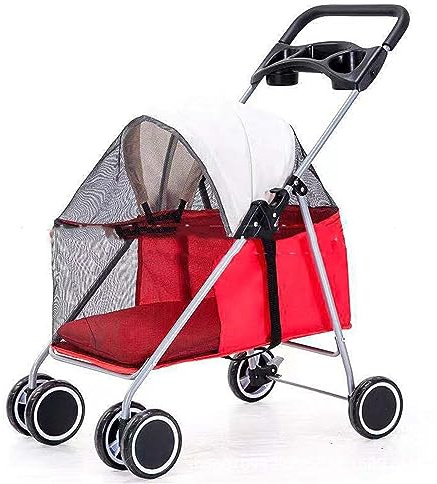 KELFEEAO Haustier-Katzen-Hundewagen, tragbarer, zusammenklappbarer Welpen-Reiseträger, Hundekäfig, Kinderwagen für mittelgroße Hunde, Katzen, Haustiere (Rot)