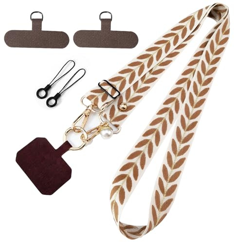 VEGCOO Feuilles et Perles Cordon Téléphone Portable Universelle, Transversale Lanière pour Téléphone, Tour de Cou Téléphone Universelle Cordon Collier Réglable, Mousqueton Doré Clip T en Nylon