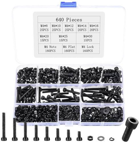 640 Stk M4 Schrauben Set Schwarz, Zylinderkopfschrauben Muttern Sets, Sechskantschrauben Sets, Metrisch Zylinderschrauben mit Innensechskant Schrauben Set und Unterlegscheiben Sortiment