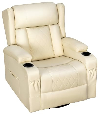 WOLTU Sillón Relax Reclinable, Sofa Individual Giratorio 360° de Función Balanceo y Respaldo Ajustable, con Reposapiés, Bolsas Laterales y Portavasos, Carga 150 kg, Tapizado en PU, Beige