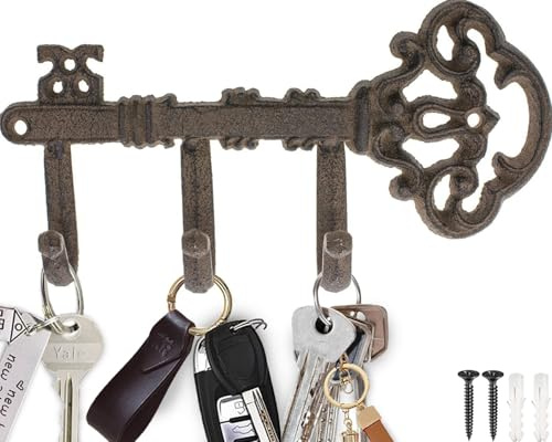 Comfify Decorative Skeleton Key Hook – Wall Mounted Cast Iron with 3 Hooks – Vintage Rustic Style – 7.7 x 4.5 – Includes Screws and Anchors