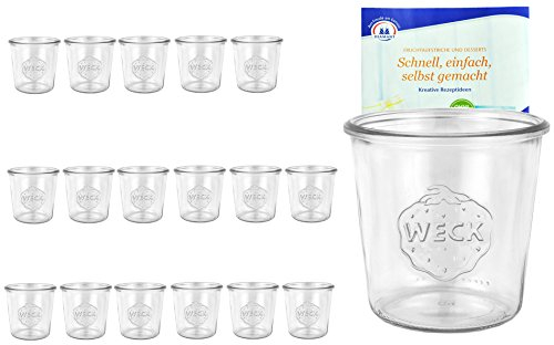 MamboCat 18er Set Weck Gläser 580ml 1/2 Liter Sturzgläser inkl. Gelierzauber Rezeptheft von Diamantzucker I Original Weck Sturzglas ohne Deckel Dessertglas I Einweckgläser für Kuchen Gelees UVM