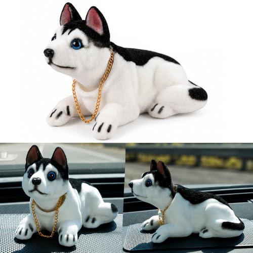 A48D KFZ Auto Dekoration Bobbing Leiter Hund Husky geformt Wackelhund Halskette, Passend für Autos, Büro oder Wohnzimmer, Gewicht: 105g, Farbe Schwarz-Weiß