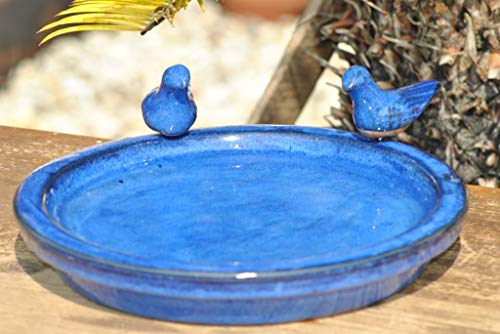 Vogeltränke mit Zwei kleinen Vögelchen,rund,blau glasiert,30cm,%%mit kleinen Fehlern%%
