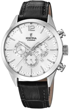 Festina Montre Homme Analogique avec Bracelet en Cuir Noir - Mouvement Quartz - Chronographe - Calendrier - Verre Minéral Haute Résistance - Étanche 5 ATM - Élégante F20542/1 Timeless Chronograph