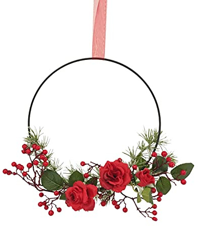 2474U Dekoring ROTE Rose naturgetreue Blüten Kunstblume im Metallring ca. 33 cm Ø mit Organzaband zum Aufhängen