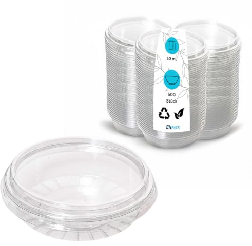 Enpack - Dip Schälchen mit Deckel 50ml aus PP - 500 Stück - Saucenbecher - kleine Dosen mit Deckel Plastik - Einweg Saucenschälchen - 50cc mini Plastikdosen - Butter Döschen - Saucen Behälter