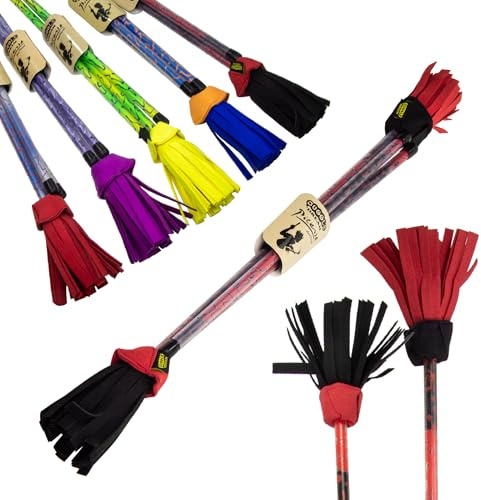 Juggle Dream Picasso Flowerstick Set inkl. Handstäbe. Fiberglasstock, Silicone Grip, Wildlederfransen. Jonglier Flowerstick (Schwarz/Rot/Mix Quasten)