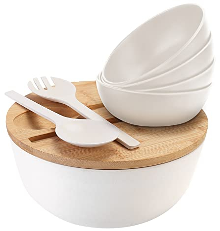 ShineMe Ensemble de saladiers de 25 cm avec couvercle, bol de service en bambou avec 4 petits bols à goûter et couverts (fourchette et cuillère) pour mélanger la salade, les légumes et les pâtes