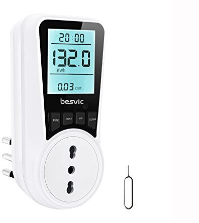 Besvic Misuratore Consumo Elettrico, 3680W Misuratore Consumo di Corrente Elettrica con Schermo LCD Retroilluminato, 7 Modalità di Monitoraggio, Protezione da Sovraccarico, Wattmetro Misura Consumo