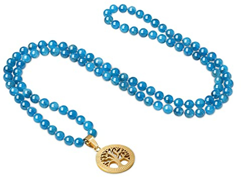 COAI Collana Mala Buddista 108 Perle di Pietre Naturali Annodate a Mano con Ciondolo in Acciaio Inox
