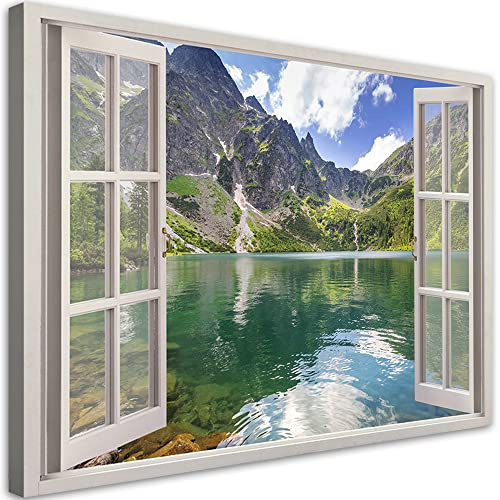 Feeby Imagen Moderno Fotos Ventana Vista Lago Bosque Montañas 60x40 cm Impresión 1 Partes Lienzo Imagen Gráfica Pasillo Paisaje Natural de los Alpes Verde