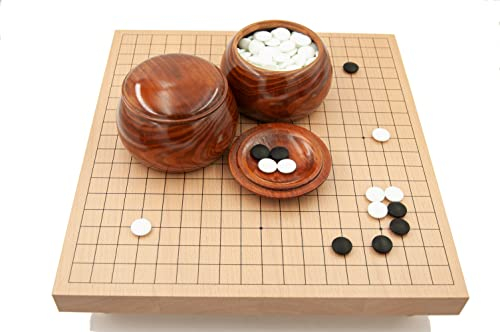 Hebsacker Verlag - Go-Set Buchenfurnier-Tischbrett (19x19, 36mm mit Füßen) mit Glassteinen und Holzdosen