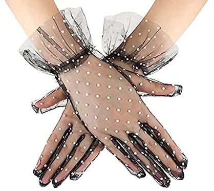 SHTGOI Damen Mesh-Tupfen Spitzenhandschuhe Kurz Sommer Sonnenschutzhandschuhe Netzhandschuhe Brauthandschuhe Handschuhe für Party Teeparty Abschlussball Hochzeit Brautkleid Zubehör Weiße Punkte