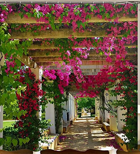 Flower Blossom Gate Road of Summer Garden Shower Curtain Garden Scene of Plants Bathroom Decoration Waterproof Fabric Curtains with Hooks 180x180cm