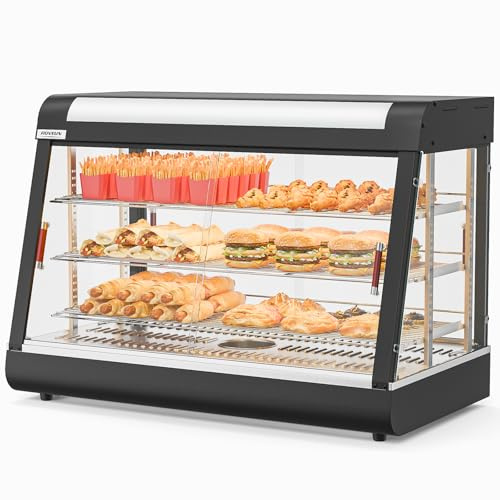ROVSUN 35 Pizza Warmer Food Warmer Display, 3-Tier Electric Food Warmer Commercial Countertop w/LED Lighting Adjustable Removable Shelves Glass Door, Pretzel Warmer for Buffet Restaurant 1500W