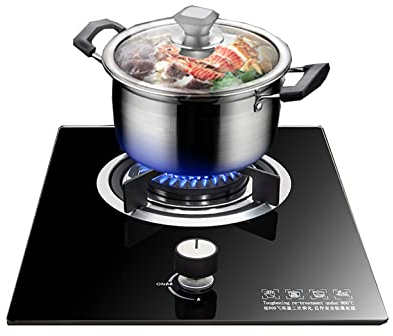Encimera de gas 33CM Encimera de gas incorporada 1 Quemador Wok 4.0kW Encimera de cocina de vidrio templado negro con FFD y soportes para sartenes esmaltados, soporte para sartenes de hierro fund