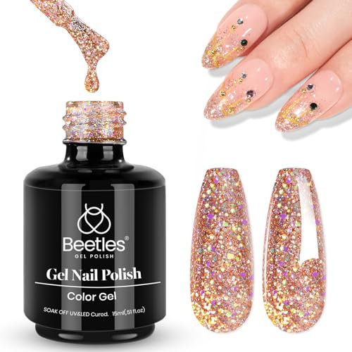 Beetles Glitzer Gel-Nagellack, 15 ml Roségold reflektierender rosa Gel-Lack schillernde Prinzessin Soak Off UV LED Nagelkunst-Design Christmas Nail Art Geschenk Maniküre DIY-Salon (1 Stück)
